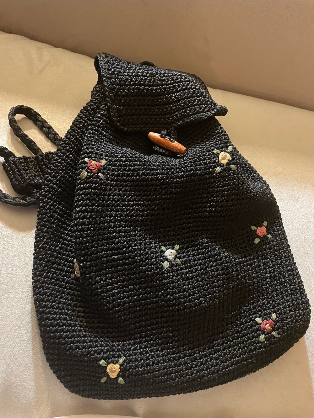 Black Crochet Floral Embroidered Backpack - Women Bags
